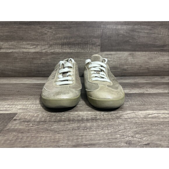 Tory Burch Mitch Beige Gold Suede Metallic Leather Sneaker Women's Sz 11 M - Picture 2 of 15